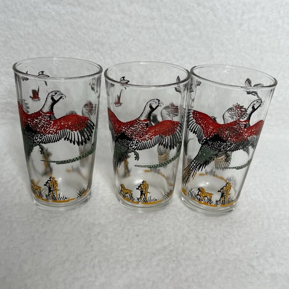 Vtg Hazel Atlas Pheasant Drinking 6 Glasses Tumblers  Shot Tumbler Red Gold 5